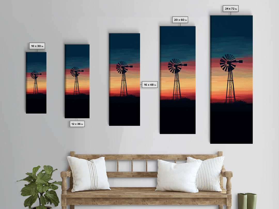 Canvas Print Moody Sunset Windmill Wall Art, Vertical Rustic Decor, Tall Narrow Farmhouse Artwork, Gift Idea for Living Room