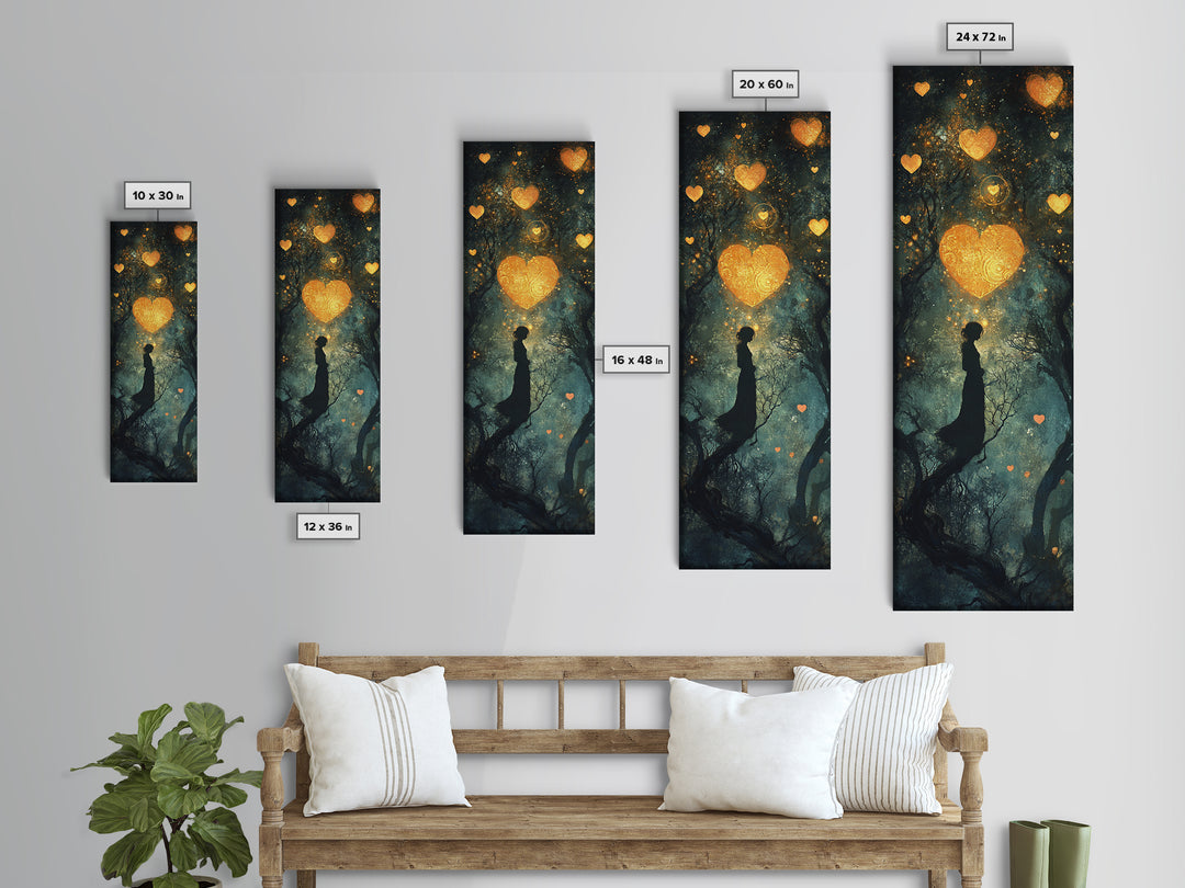Mystical Heart Silhouette Canvas Print with Starry Night Forest, Moody Wall Art Gift Idea in Whimsical Romantic Style