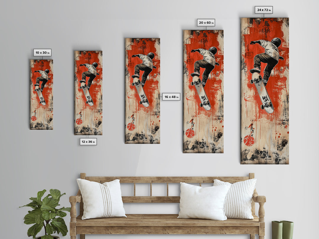 Skateboarder Canvas Print, Red and Black Urban Wall Art, Graffiti Inspired Vertical Artwork, Gift Idea for Living Room or Teen Bedroom