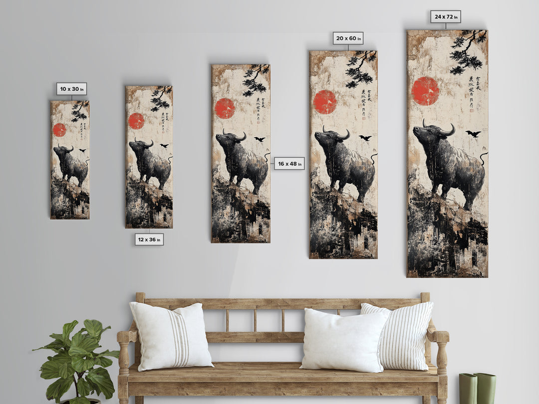 Rustic Buffalo Art Canvas Print, Wabi Sabi Minimalist Decor, Red Sun Vertical Art, Farmhouse Living Room Rustic Wall Artwork