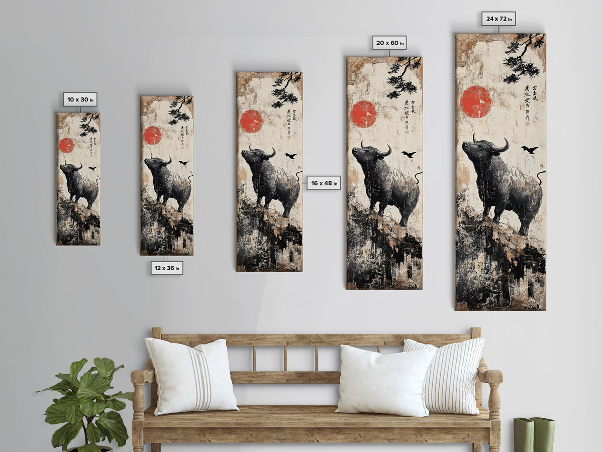 Rustic Buffalo Art Canvas Print, Wabi Sabi Minimalist Decor, Red Sun Vertical Art, Farmhouse Living Room Rustic Wall Artwork
