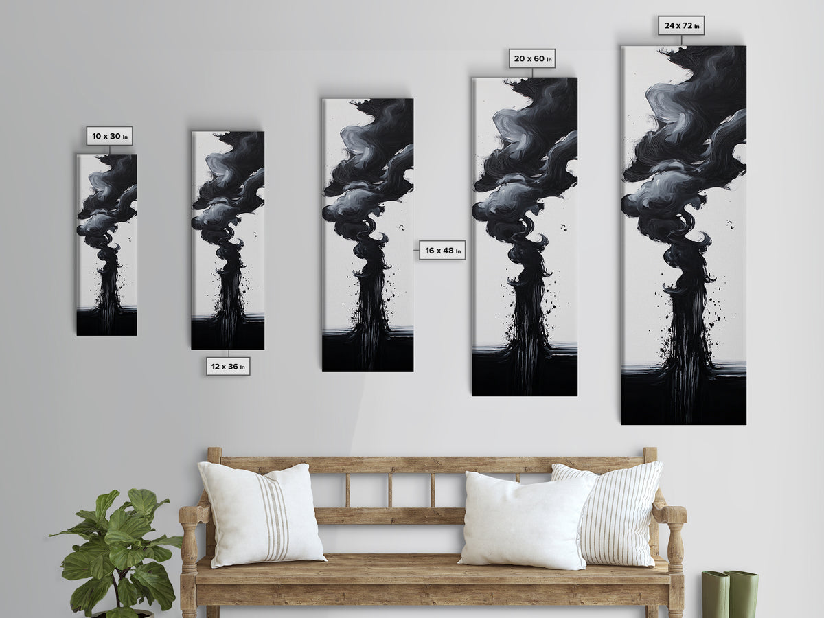 Smoke Abstract Art Canvas Print Black White Contemporary Modern Home Decor Moody Wall Art Vertical Long Narrow Artwork