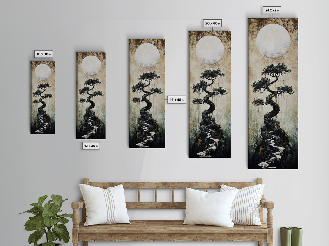 Mystical Moon and Bonsai Canvas Print Zen Wall Art Serene Wabi Sabi Decor Minimalist Nature Artwork Vertical Framed Artwork
