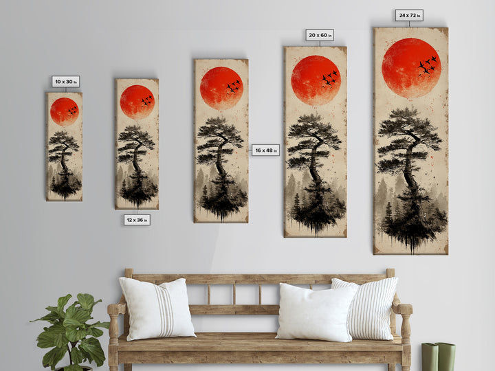 Bold Red Sun Pine Tree Framed Canvas Print Japanese Inspired Minimalist Wall Art Rustic Zen Decor Unique Vertical Nature Artwork