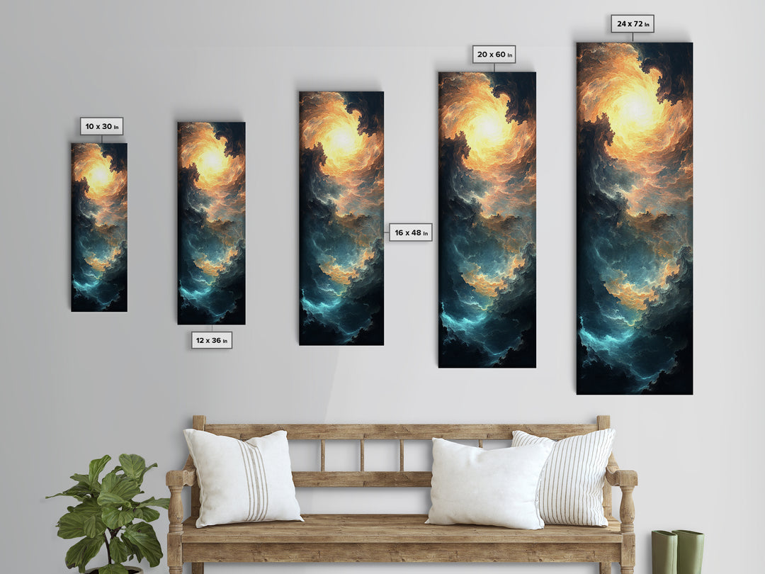 Celestial Abstract Landscape Framed Canvas Print Moody Horizontal Wall Art Blue and Gold Living Room or Bedroom Decor