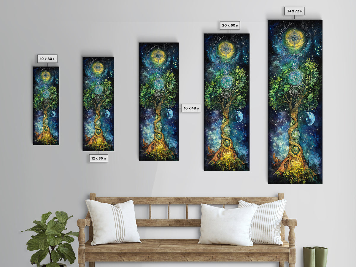 Celestial Tree Canvas Print With Cosmic Sacred Geometry Art, Whimsical Night Sky Scene, Panoramic Art Ideal Above Sofa Wall Decor