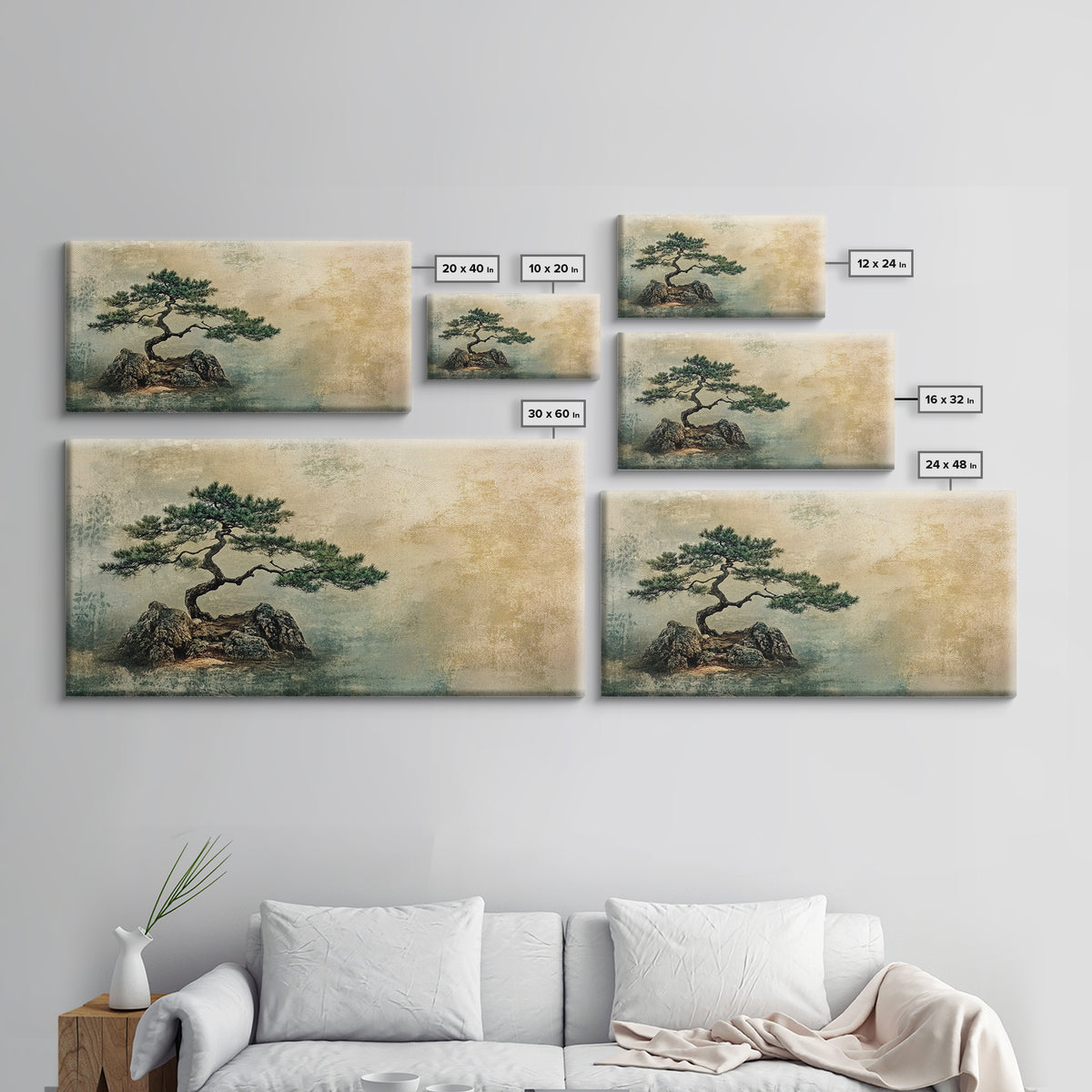 Japanese Pine Tree Art Framed Canvas Print Wabi Sabi Art Minimalist Artwork Rustic Decor Zen Wall Art Living Room Above Sofa Art