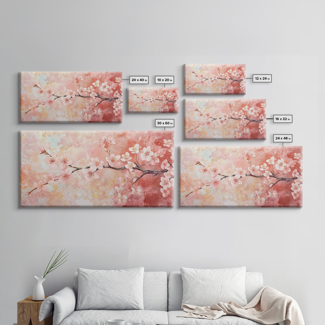 Cherry Blossom Painting Framed Canvas Print, Light Pink Wall Art Living Room Decor, Horizontal Wall Art Rustic Art Gift Idea for Her