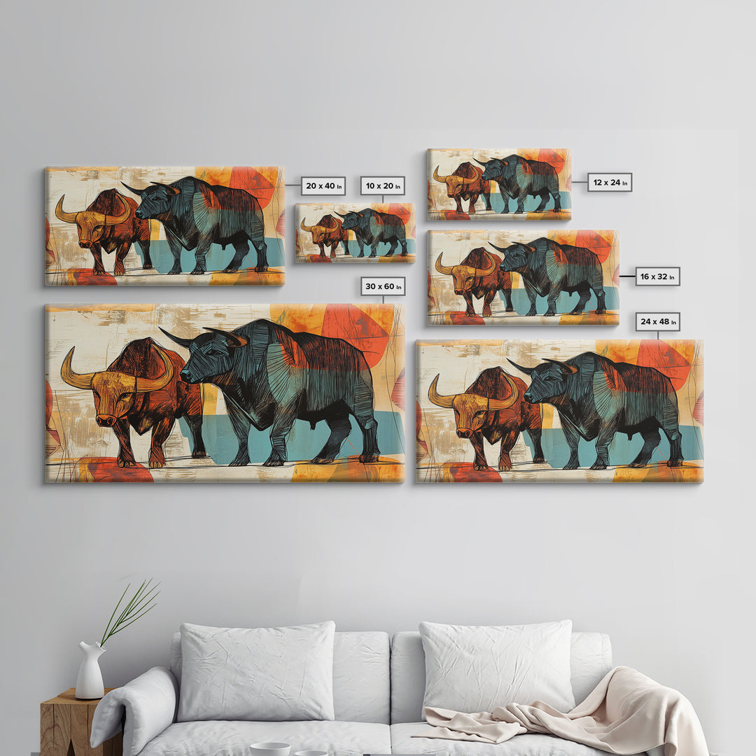 Abstract Bull Duo Framed Canvas Print Rustic Wall Art Geometric Bull Art Living Room Decor Bull and Bear Art Rustic Farmhouse Art