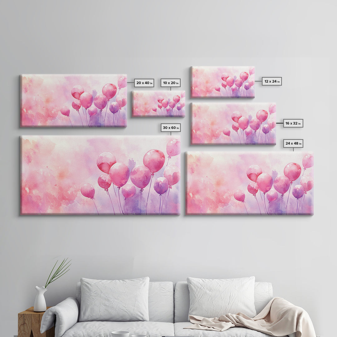 Pink Balloons Painting Framed Canvas Print, Whimsical Art Light Pink Wall Decor, Extra Wide Horizontal Wall Art Rustic Art Gift