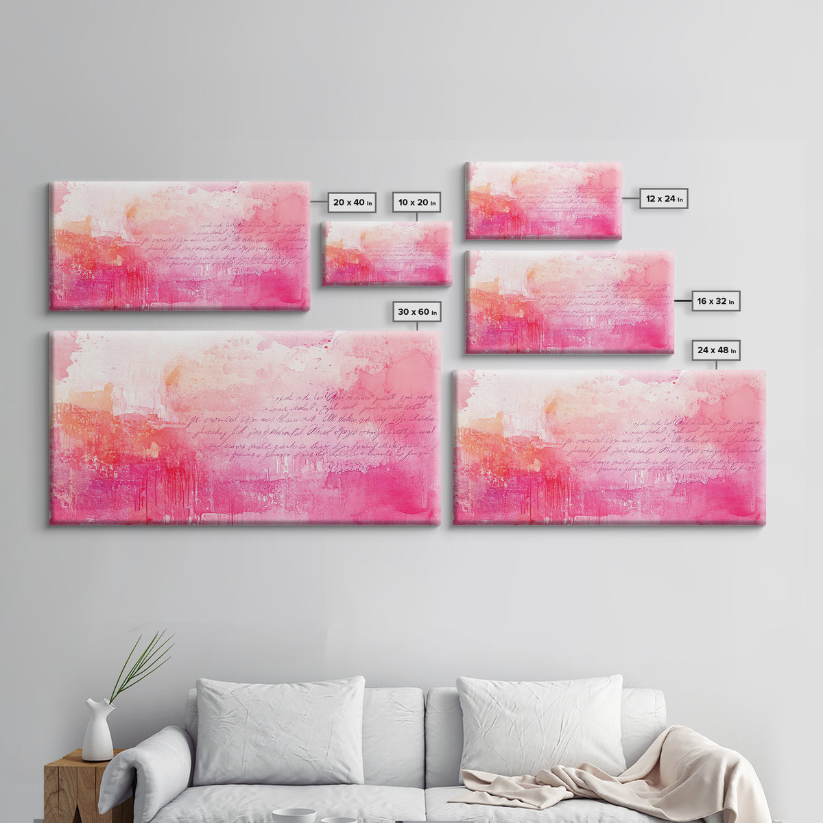 Abstract Pink Writing Framed Canvas Print, Light Pink Wall Art Chinoiserie Whimsical Decor, Rustic Wall Art Horizontal Gift Idea