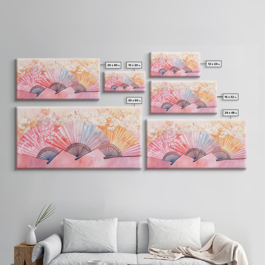 Cherry Blossom Fan Canvas Print Japanese Inspired Art Framed Pink Orange Wall Art Long Narrow Skinny Bedroom Rustic Spring Decor