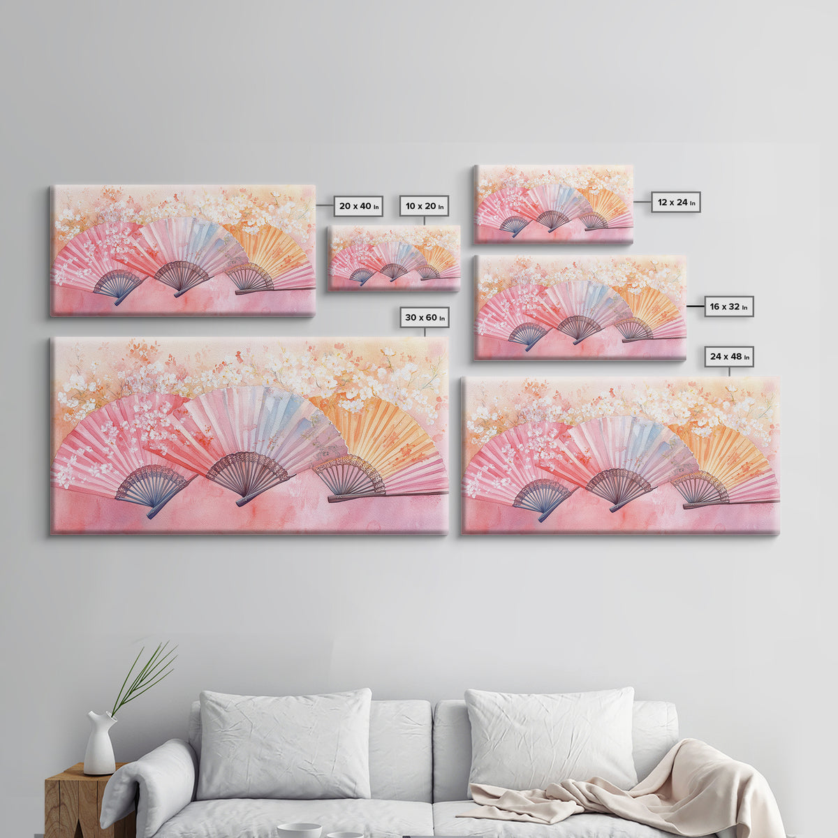 Cherry Blossom Fan Canvas Print Japanese Inspired Art Framed Pink Orange Wall Art Long Narrow Skinny Bedroom Rustic Spring Decor