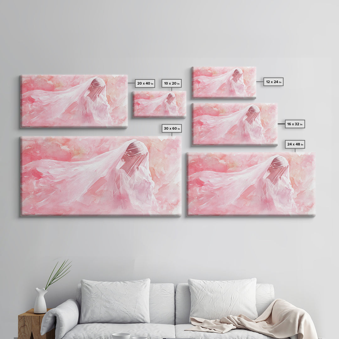 Delicate Veiled Woman Canvas Print Light Pink Wall Art Feminine Minimalist Art Bedroom Decor Above Bed Boho Art Gift Idea