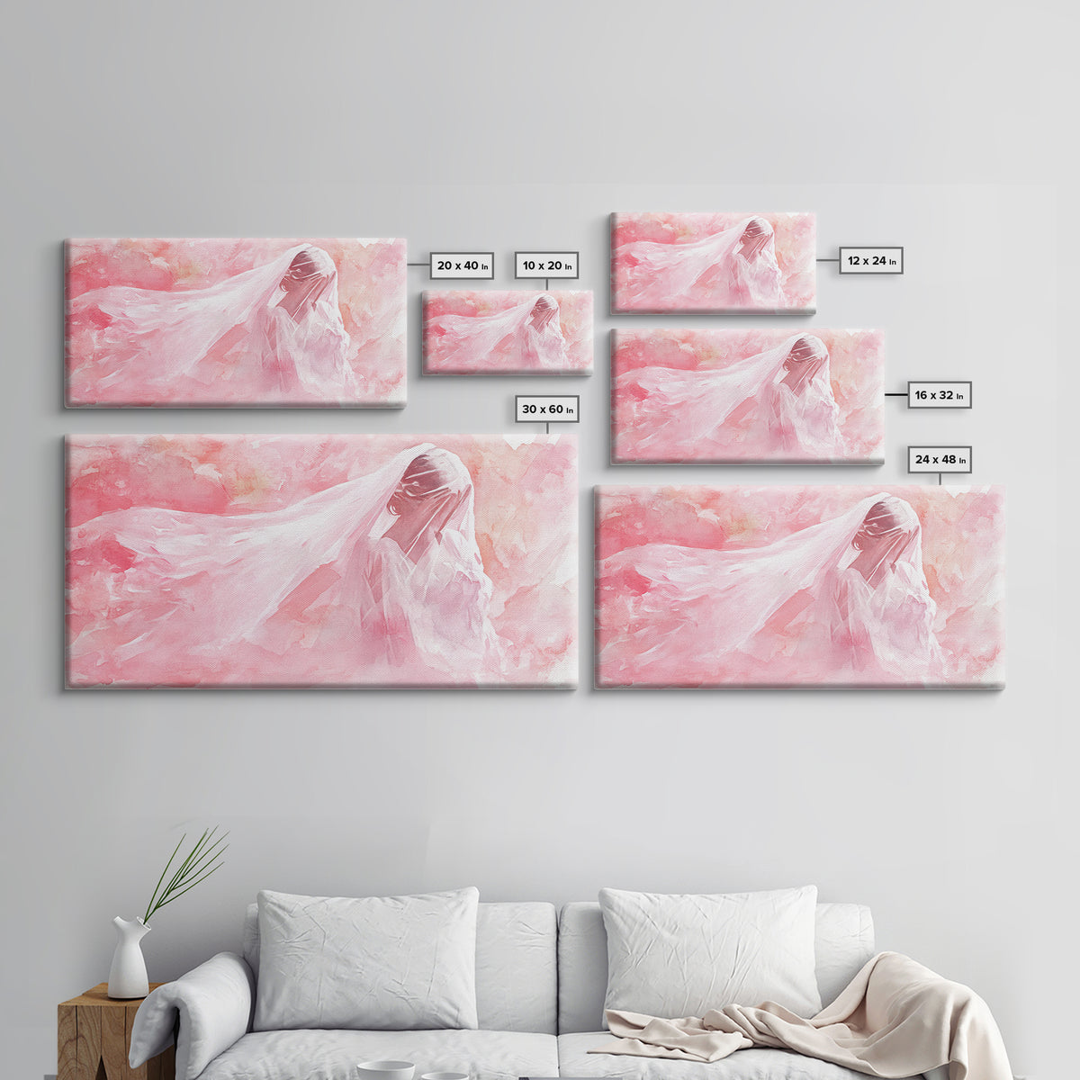 Delicate Veiled Woman Canvas Print Light Pink Wall Art Feminine Minimalist Art Bedroom Decor Above Bed Boho Art Gift Idea