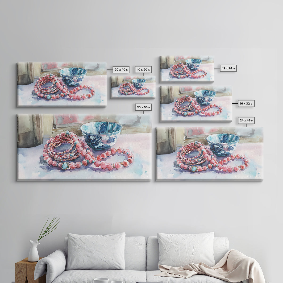 Beaded Necklace Canvas Print | Whimsical Boho Jewelry Wall Art | Pink and Blue Pastel Artwork | Feminine Room Decor | Gift Idea for Her