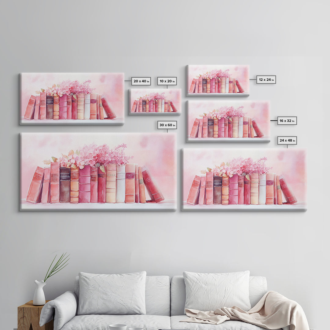 Vintage Book Stack Canvas Print | Botanical Pastel Wall Art | Cottagecore Library Decor | Feminine Reading Room Artwork | Gift Idea for Her