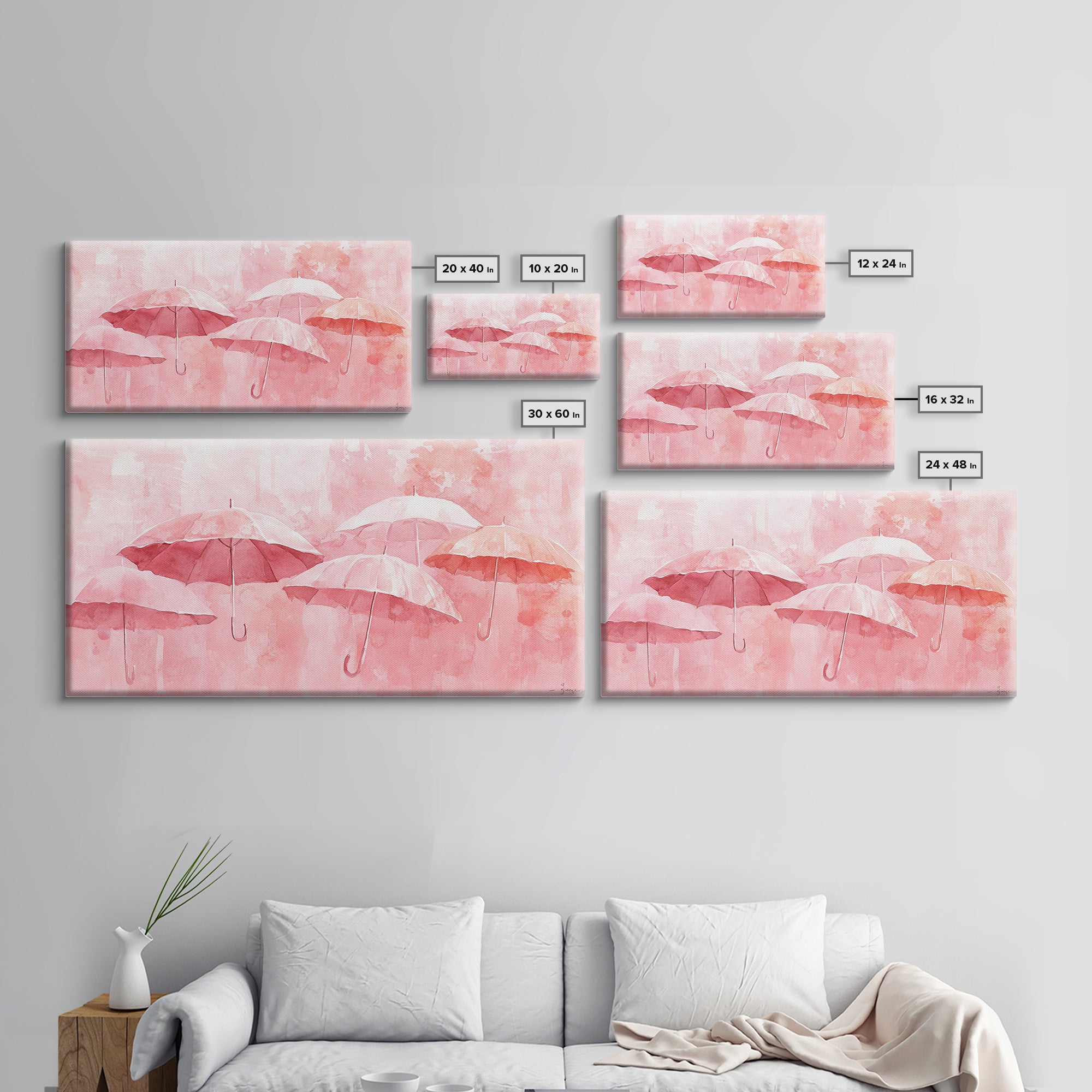 Umbrella Art Canvas Print, Light Pink Wall Art, Minimalist Decor Piece, Coastal Cowgirl Home Accent, Whimsical Abstract Art Gift Idea