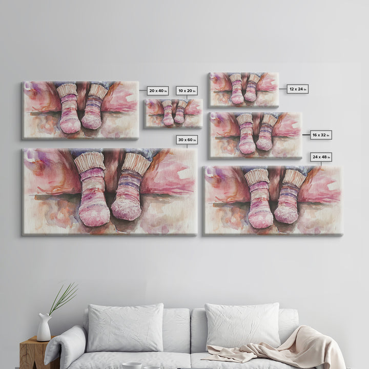 Cozy Socks Canvas Print, Rustic Light Pink and Warm Toned Painting, Whimsical Art as Fall Decor for Bedroom or Lounge Area