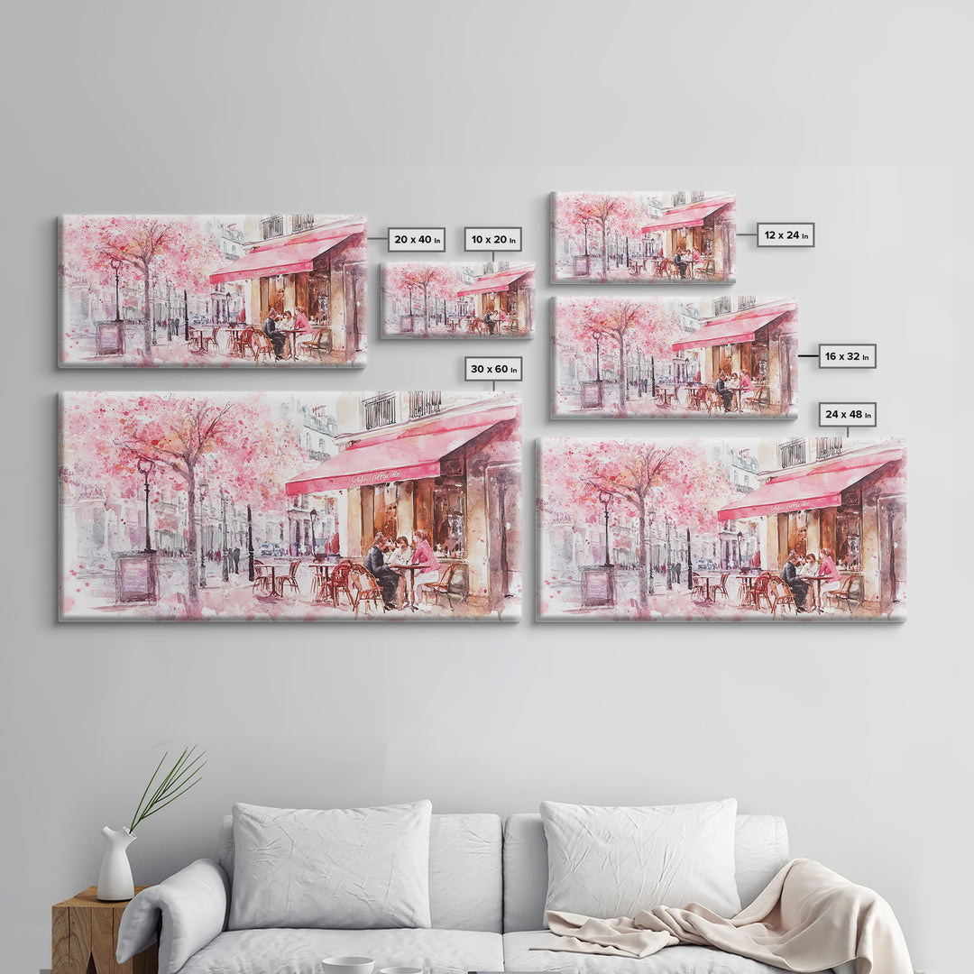Parisian Café Scene Framed Canvas Print, Cherry Blossom Painting, European Street Art, Romantic Wall Art, Living Room Decor