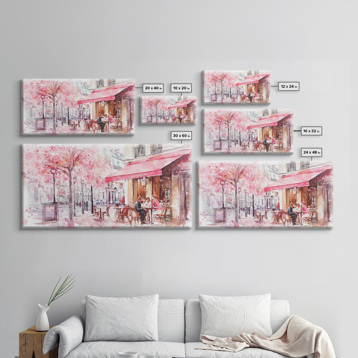 Parisian Café Scene Framed Canvas Print, Cherry Blossom Painting, European Street Art, Romantic Wall Art, Living Room Decor