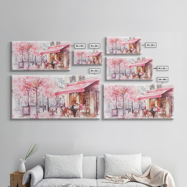 Parisian Café Scene Framed Canvas Print, Cherry Blossom Painting, European Street Art, Romantic Wall Art, Living Room Decor