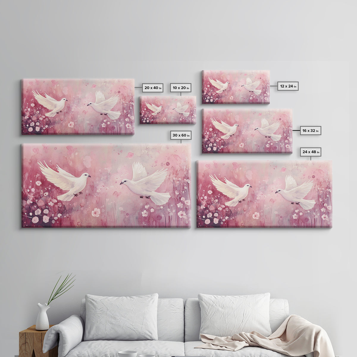 Romantic Doves Framed Canvas Print, Whimsical Pink and White Wall Art, Cherry Blossom Painting, Bedroom or Living Room Gift Idea