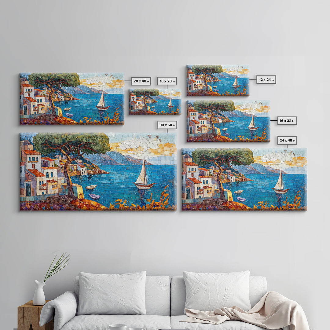 Coastal Sailboat Scene Mosaic Canvas Print - Nautical Decor Seascape Painting - Rustic Fall Wall Art Above Sofa Coastal Home Art