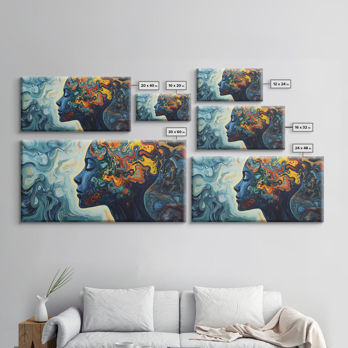 Abstract Woman Mind Framed Canvas Print - Artistic Brain Art Therapy Decor - Blue and Green Geometric Wall Art Minimalist Style