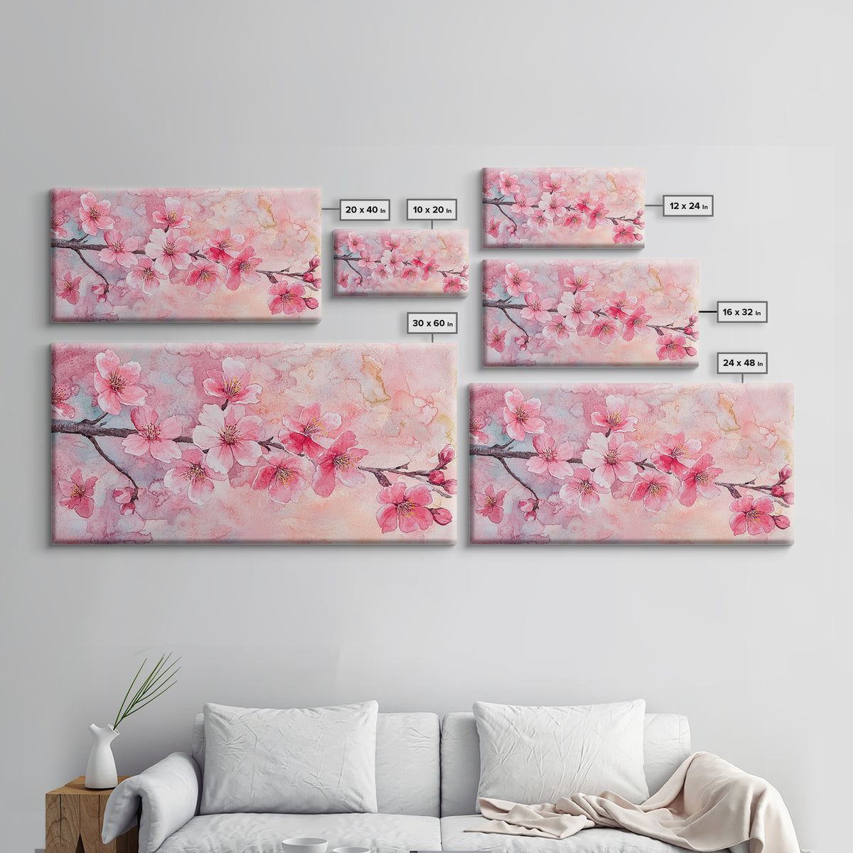 Cherry Blossom Branch Canvas Print | Cherry Blossom Painting, Light Pink Wall Art, Nature-Inspired Decor, Botanical Prints, Bedroom Art
