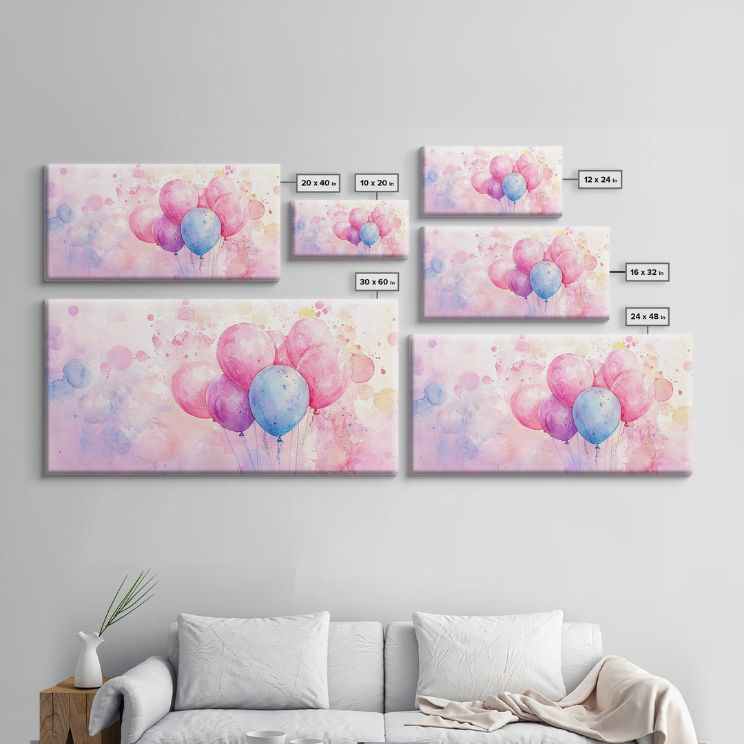 Balloon Cluster Canvas Print | Whimsical Art, Light Pink and Blue Wall Art, Birthday Decor, Pastel Wall Art, Playroom Art, Living Room Decor