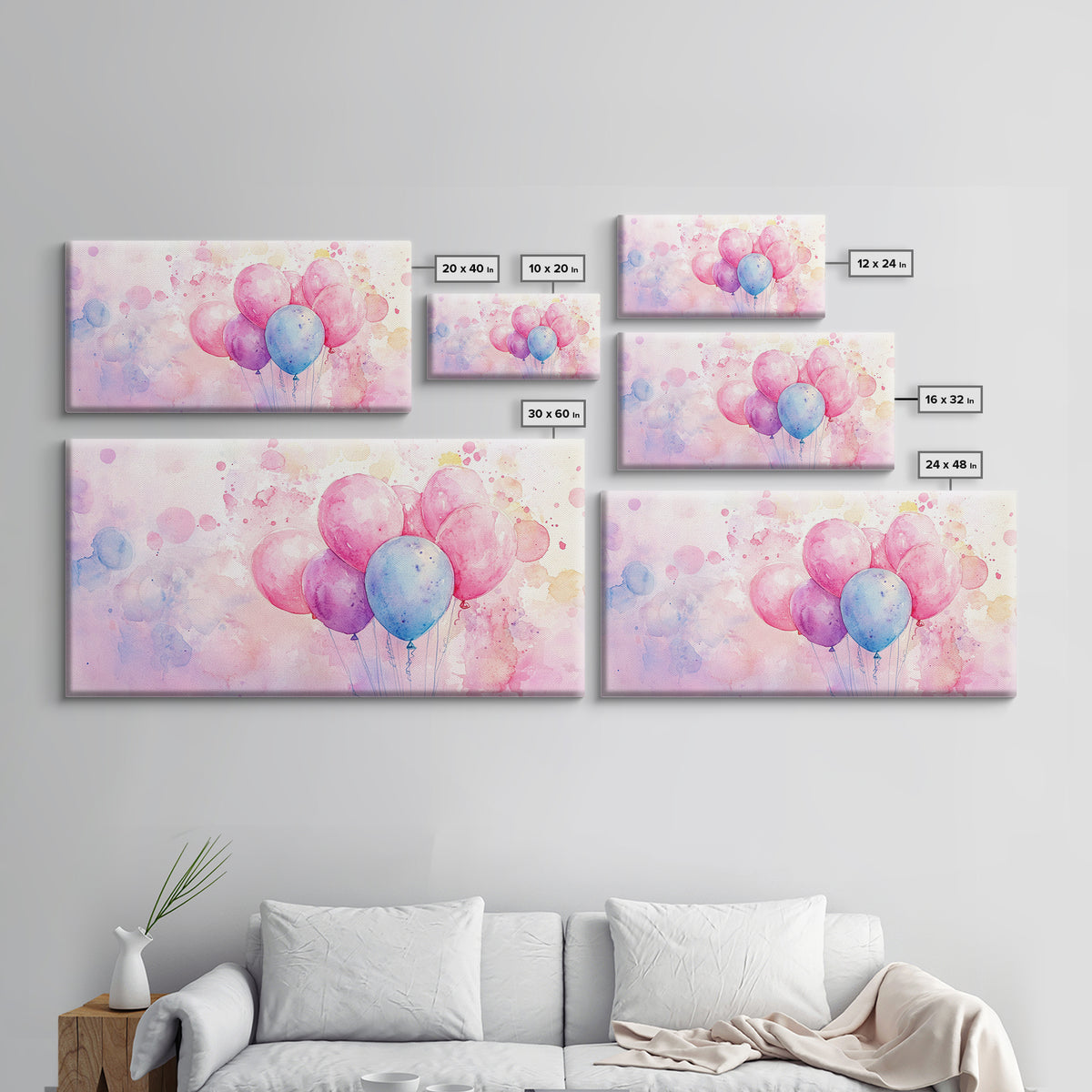 Balloon Cluster Canvas Print | Whimsical Art, Light Pink and Blue Wall Art, Birthday Decor, Pastel Wall Art, Playroom Art, Living Room Decor