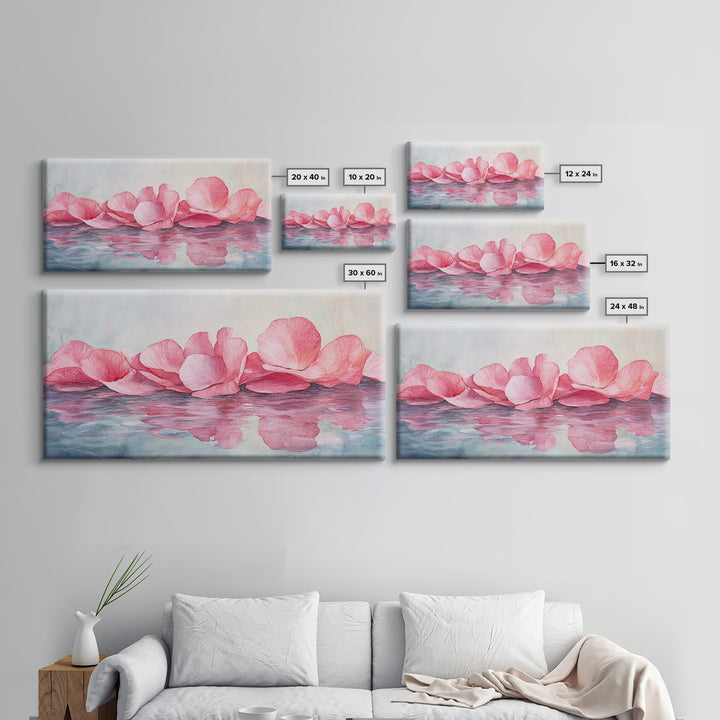 Delicate Rose Petals Reflected in Water Pink Wall Art on Framed Canvas Print, Romantic Bedroom or Living Room Accent Art