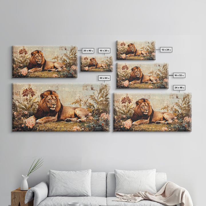 Regal Lion in Wildflowers Framed Canvas Print, Safari Wildlife Painting, African Rustic Wall Art, Boho Nature Decor, Animal Kingdom Art
