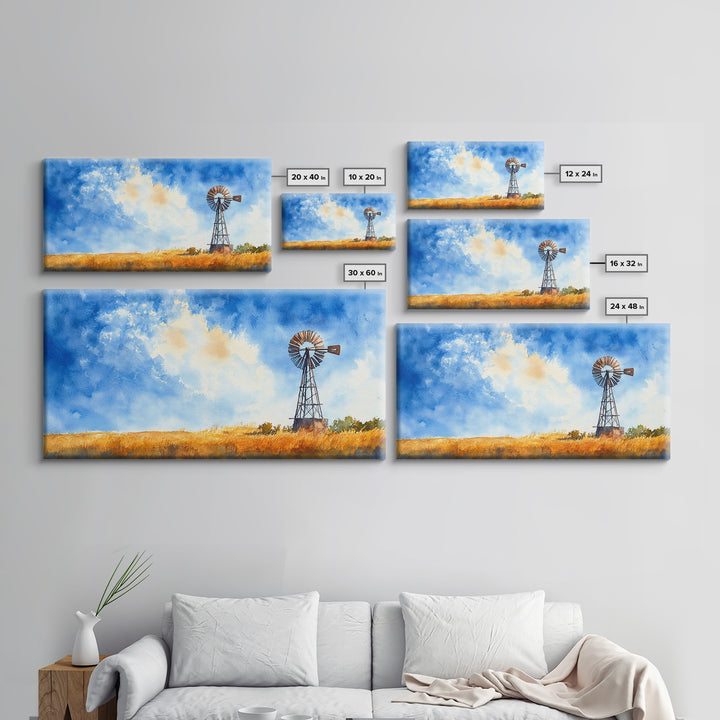 Bright Blue Sky Windmill Framed Canvas Print Rustic Farmhouse Art Horizontal Artwork Ideal Above Sofa Unique Living Room Wall Decor