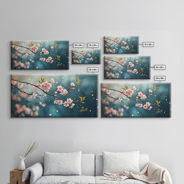 Blossoming Cherry Branch Framed Canvas Print Japanese Style Rustic Decor Great Gift Idea Botanical Prints Beautiful Bedroom Wall Art