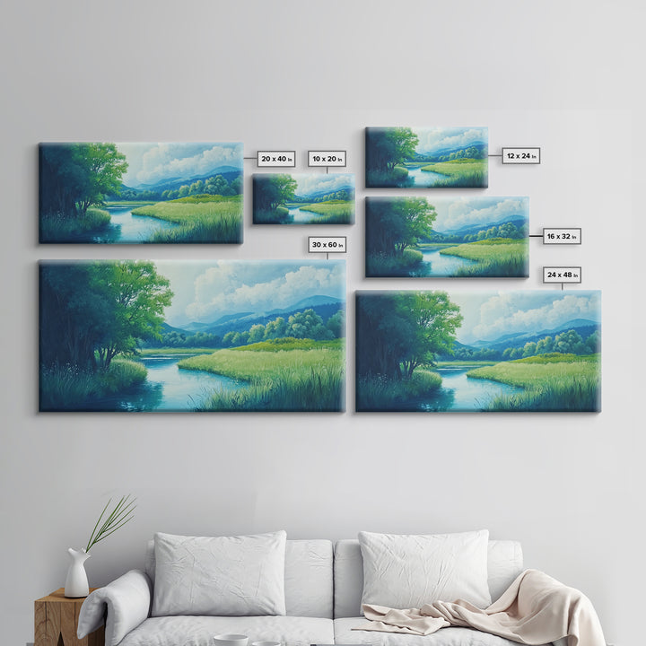 Canvas Print of Serene Green Valley and River Landscape, Rustic Wall Art, Gift Idea for Nature Lovers and Rustic Home Decor