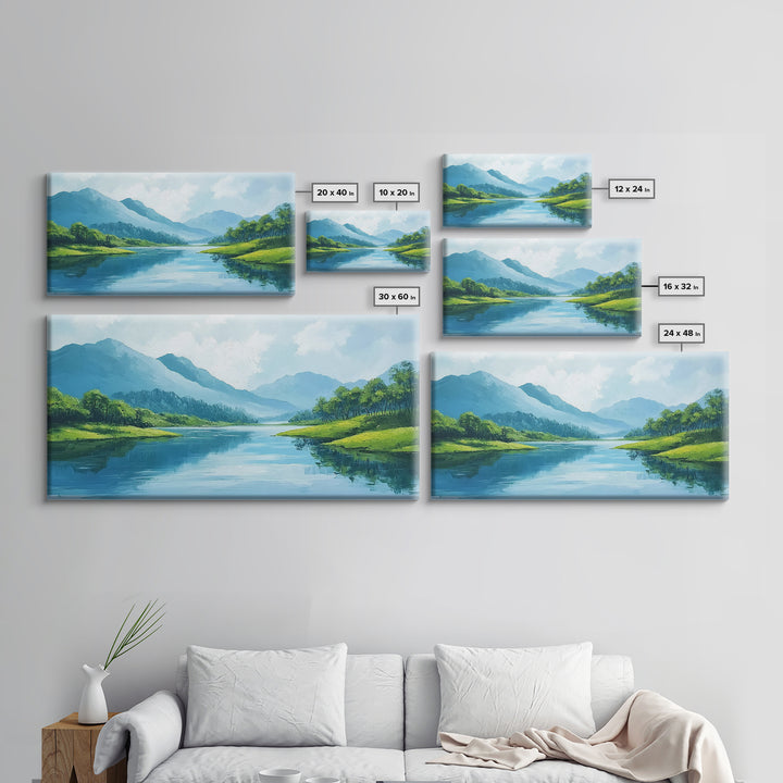 Blue Landscape Framed Canvas Print, Smoky Mountain Art Above Sofa Decor, Coastal Painting Gift Idea Living Room Horizontal Wall Art