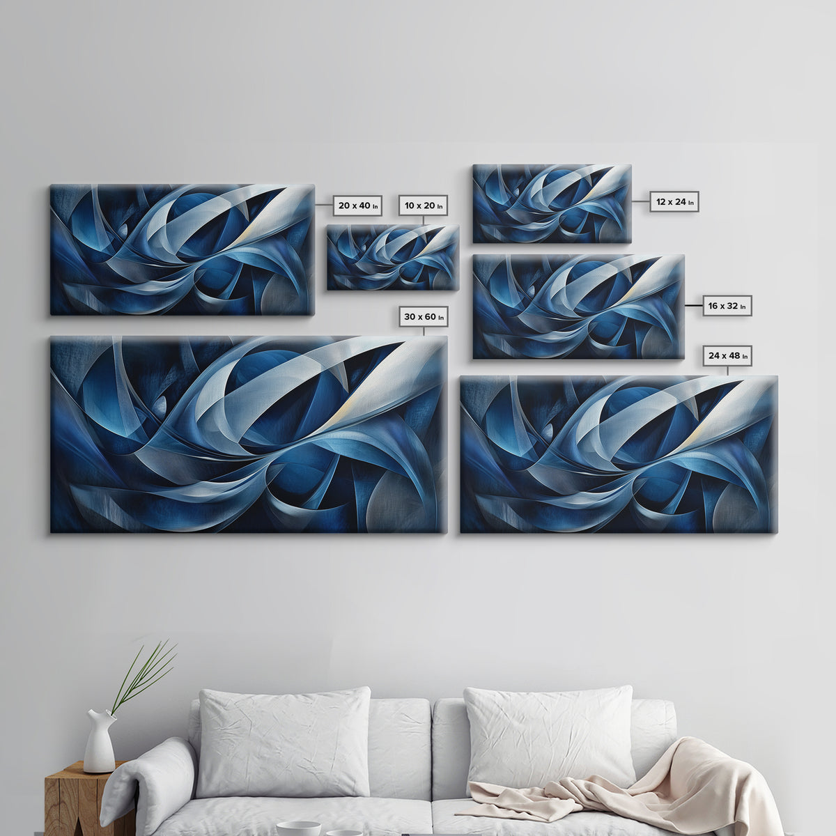 Abstract Blue Swirls Canvas Print, Geometric Wall Art Horizontal Decor, Moody Modern Artwork Gift Idea Living Room Panoramic Art