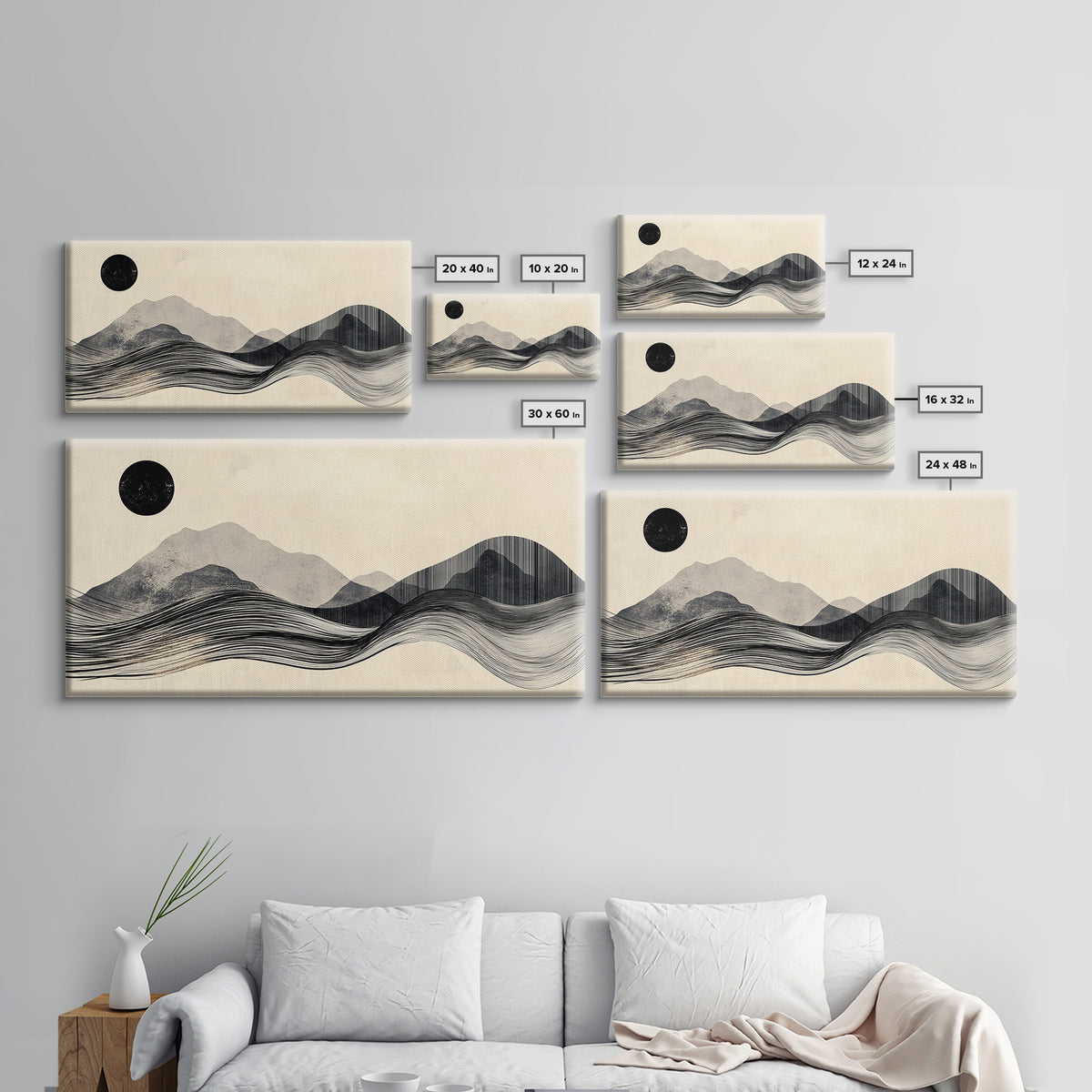 Abstract Mountain Landscape Framed Canvas Print, Wabi Sabi Wall Art Minimalist Decor, Rustic Line Art Idea Bedroom Artwork Vertical Design