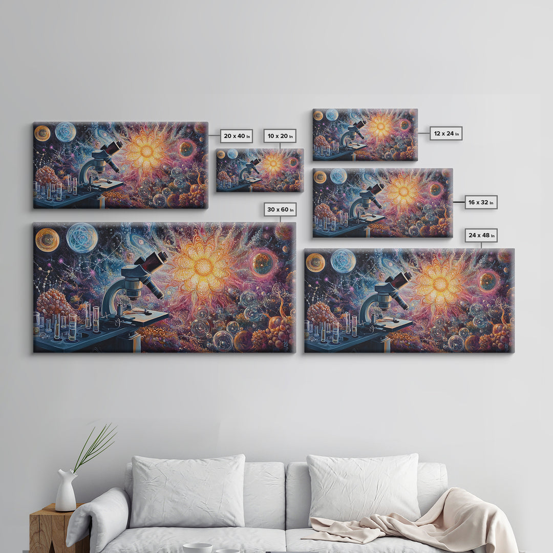 Zen Science Art Framed Canvas Print, Molecular Cosmos Microscope Painting, Moody Therapy Wall Decor, Above Sofa Living Room Art