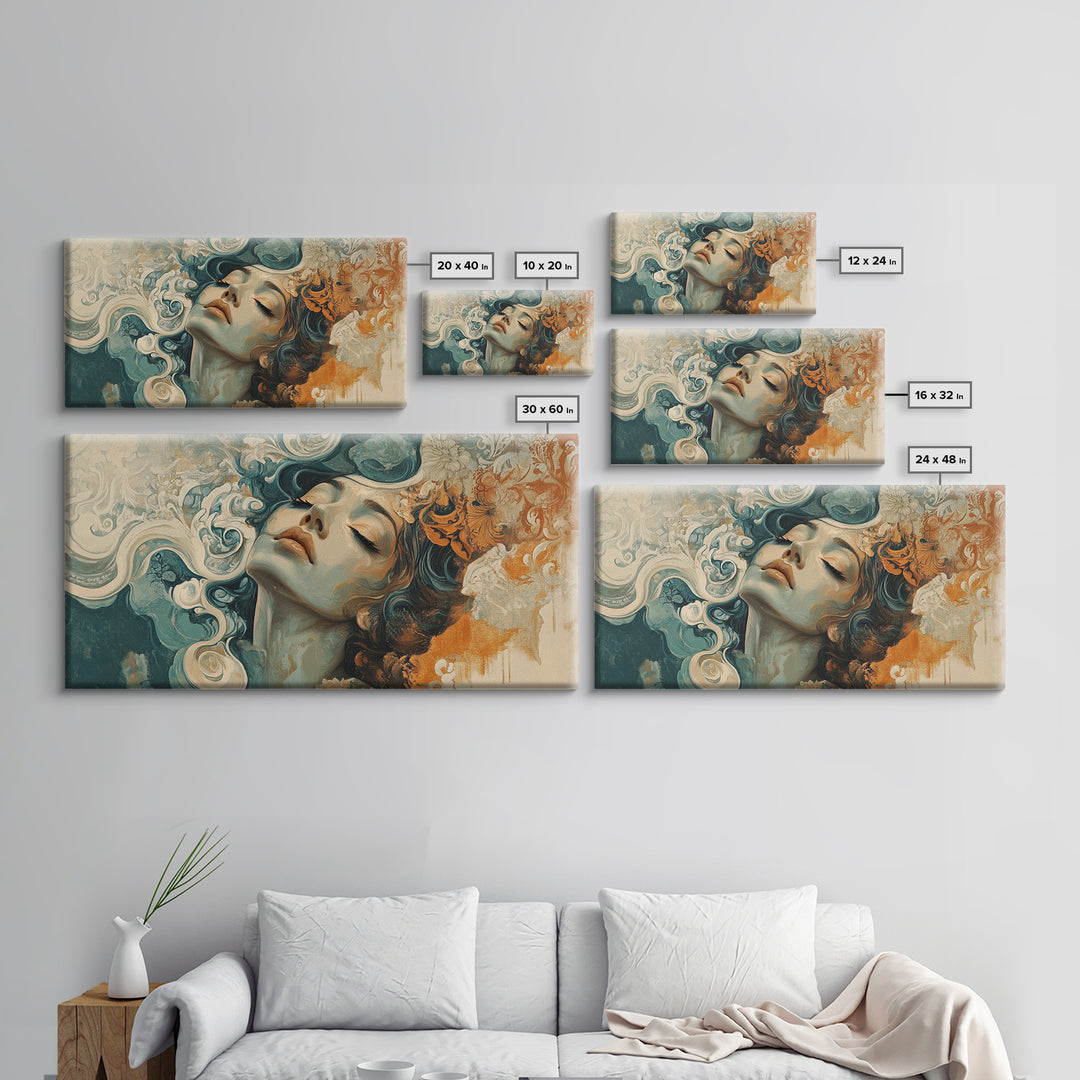 Art Nouveau Framed Canvas Print Featuring Goddess Art and Botanical Prints Beautiful Feminine Inspired Bedroom or Guest Room Art