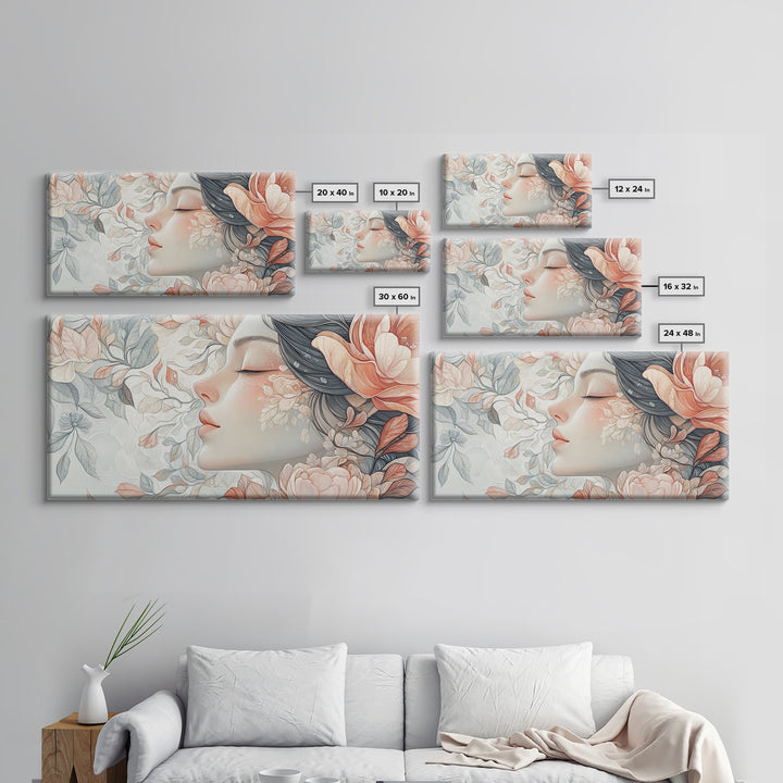 Dreamy Floral Goddess Framed Canvas Print with Light Pink Wall Art and Rose Painting Stunning Bedroom or Living Room Accent
