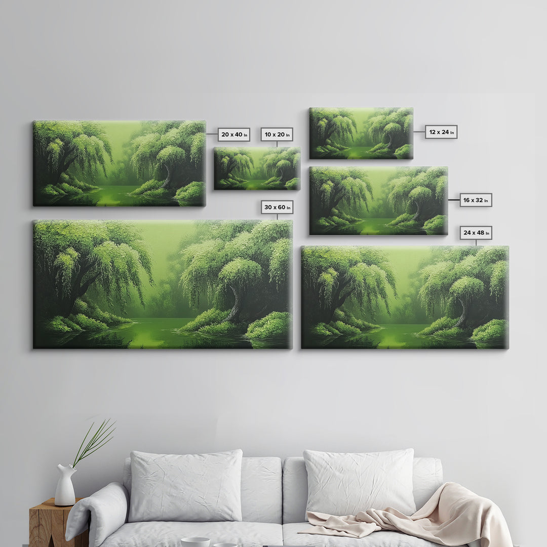 Willow Grove Framed Canvas Print, Tranquil Forest Landscape Wall Art, Sage Green Rustic Home Decor, Above Bed Nature Canvas Art