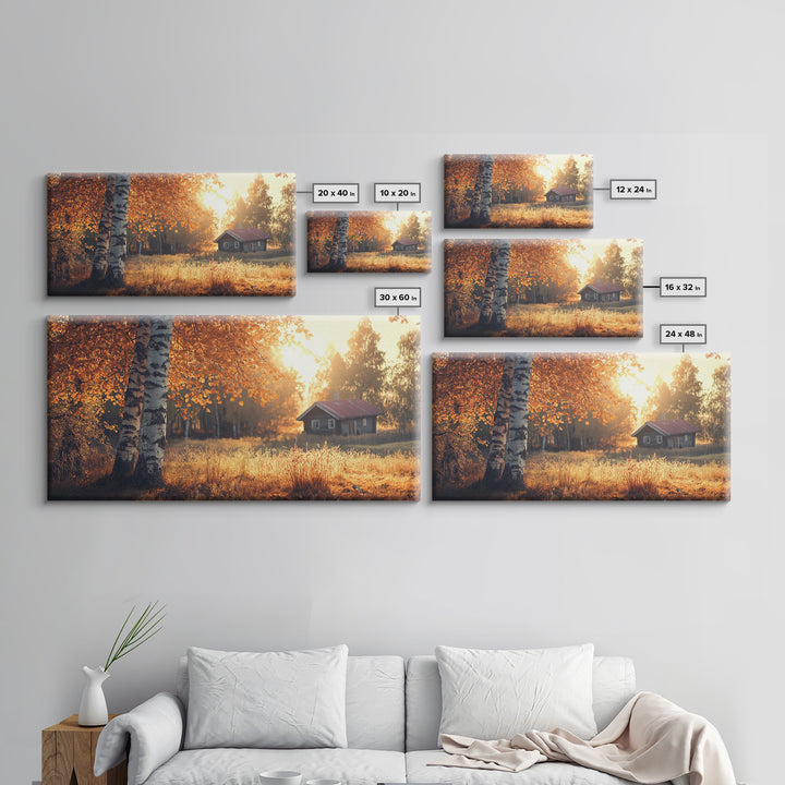Cozy Autumn Cabin Framed Canvas Print with Fall Landscape Painting and Farmhouse Art Above Couch Art Living Room Rustic Decor