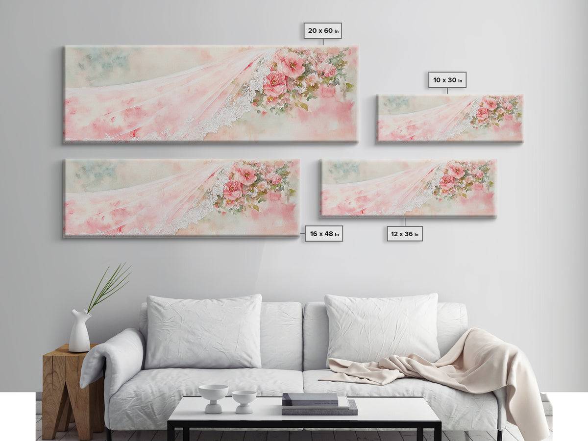 Romantic Rose Painting Canvas Print Featuring Bridal Lace, Botanical Prints Ideal Bedroom Art or Wedding Gift Idea