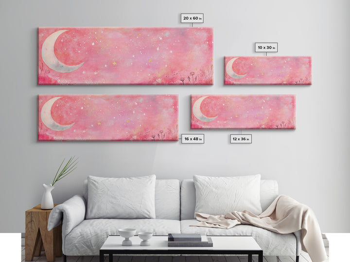 Crescent Moon Painting Canvas Print with Whimsical Starry Sky, Pink Wall Art for Living Room or Guest Room, Dreamy Decor