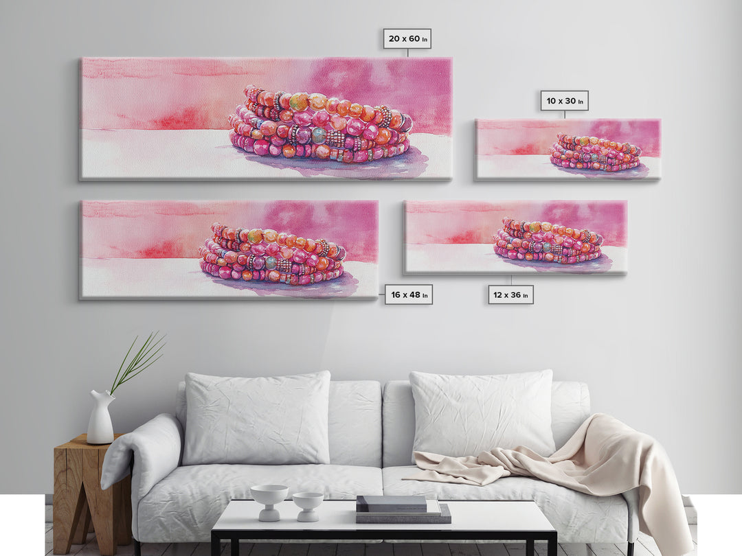 Beaded Bracelet Painting Canvas Print Featuring Whimsical Jewelry, Pink Orange Wall Art Ideal Bedroom or Dressing Room Art