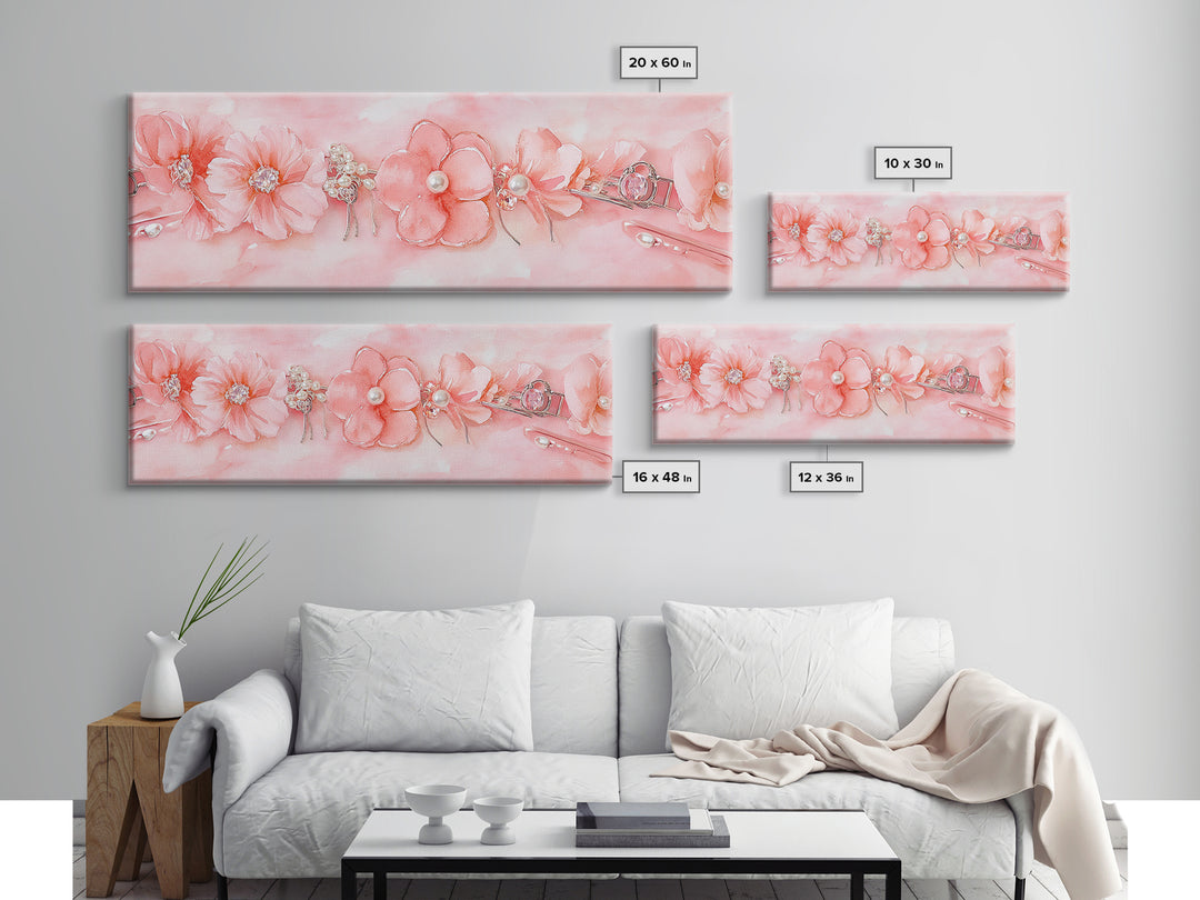 Cherry Blossom Canvas Print with Delicate Pearl Accents, Romantic Light Pink Wall Art for Bedroom or Coastal Wedding Decor