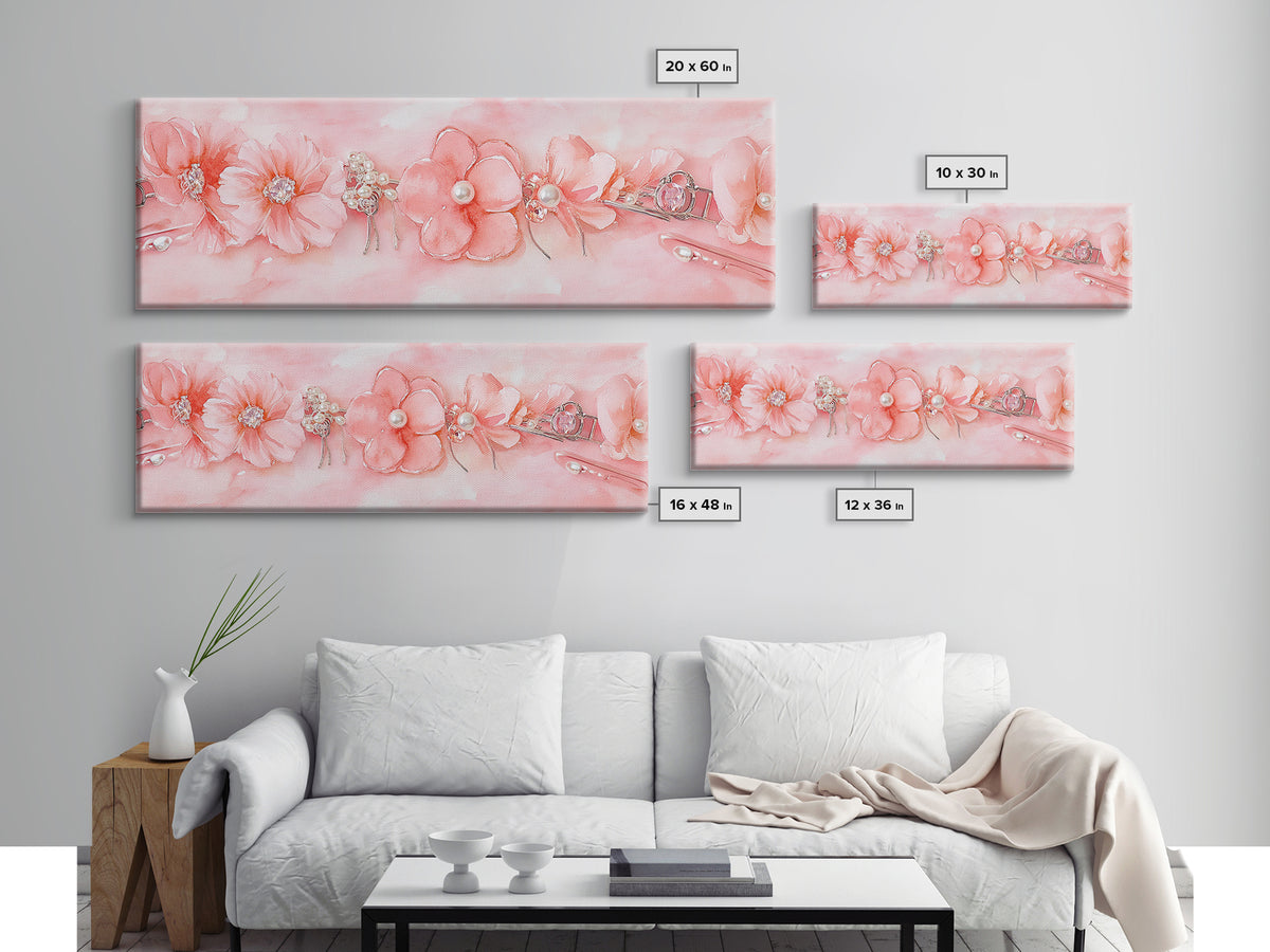 Cherry Blossom Canvas Print with Delicate Pearl Accents, Romantic Light Pink Wall Art for Bedroom or Coastal Wedding Decor
